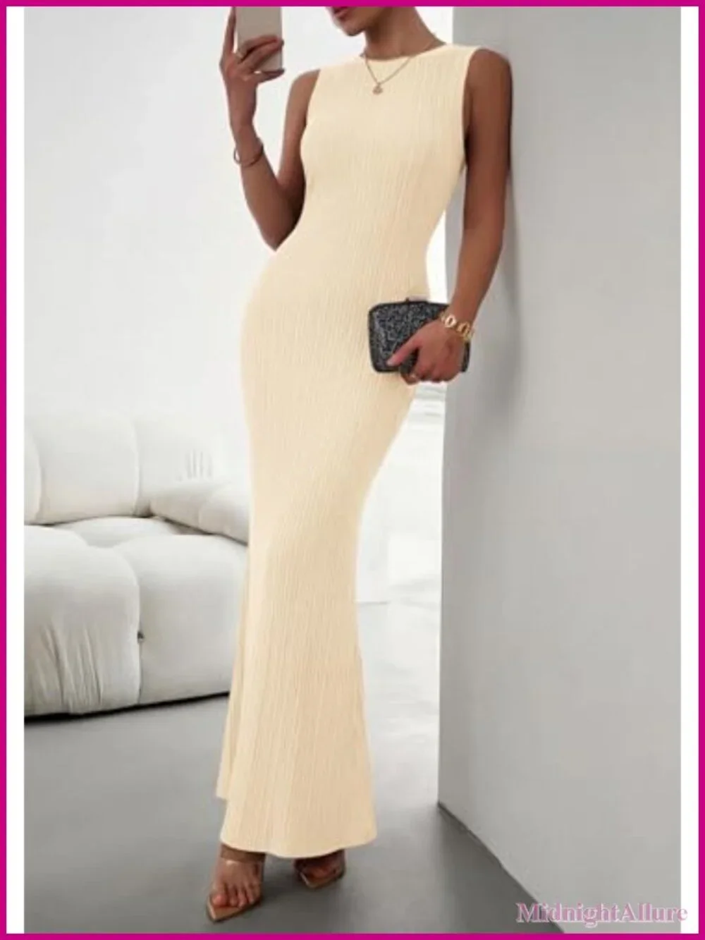Ribbed Knit Maxi Dress Sleeveless Bodycon Crewneck Summer Casual